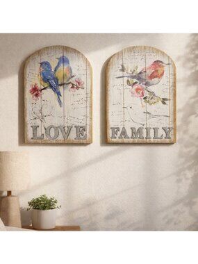 Ganz Love and Wooden Painted Wall Art Set Rustic Bird Design Home Decor